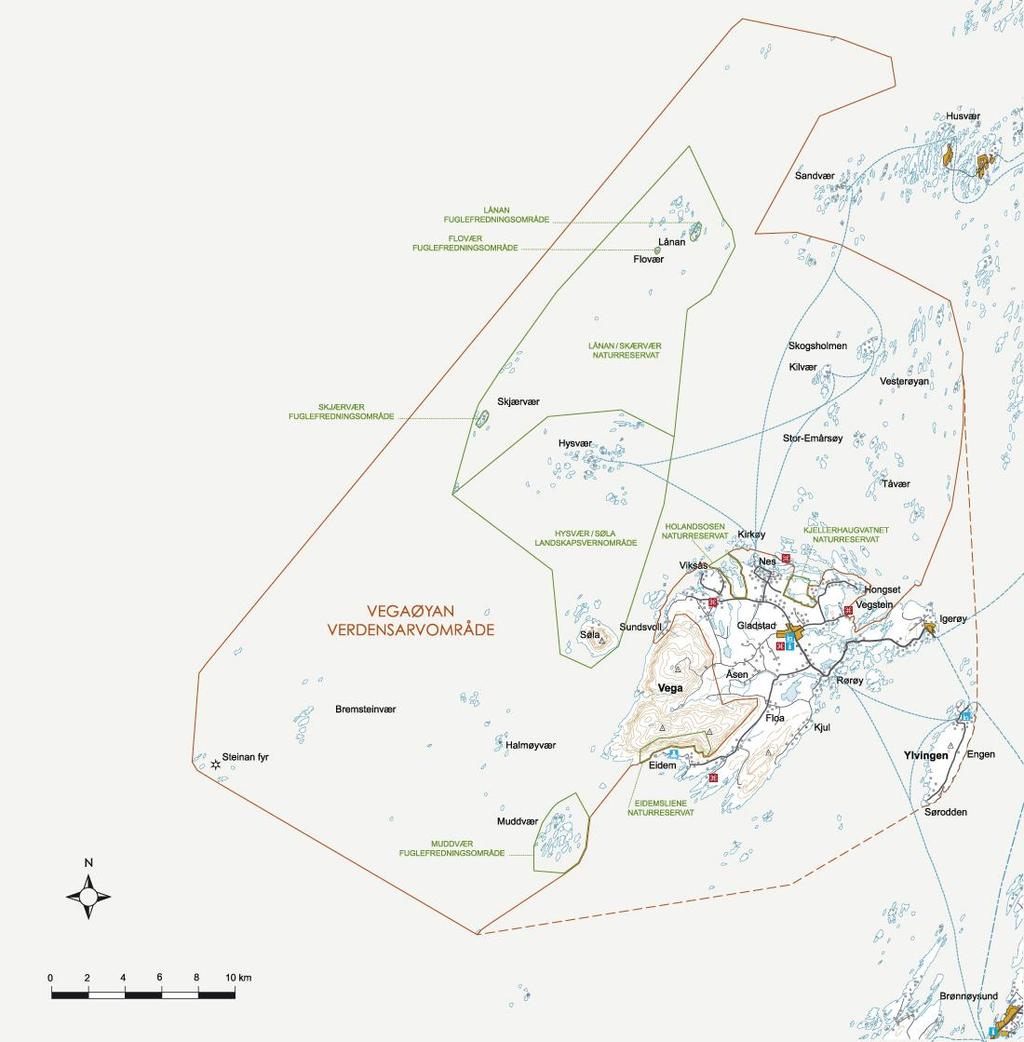 Vega er omgitt av ca 6500 øyer, holmer og skjær spredt over 2000 km2. Verdensarvområdet er på 1072 km2 (markert med rødt i kartet).