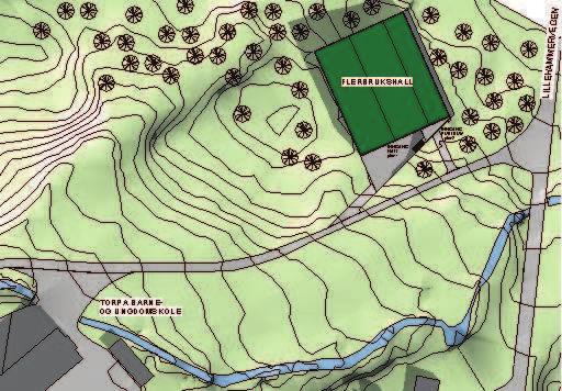 FLERBRUKSHALL I TORPA, NORDRE LAND KOMMUNE 3.2 SITUASJONSPLANEN Den nye flerbrukshallen plasseres i skogkanten ovenfor Torpa barne- og ungdomsskole og Torpa barnehage-mariringen.