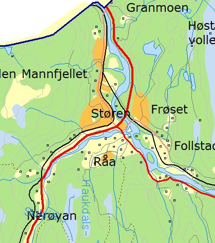 Figur 2. Skisse for ytre grense for planarbeidet med Sentrumsplan og kommunedelplan Støren Rådmannen vurderer et samlet oppstartsvedtak for de tre planene både vil være hensiktsmessig og ønskelig.