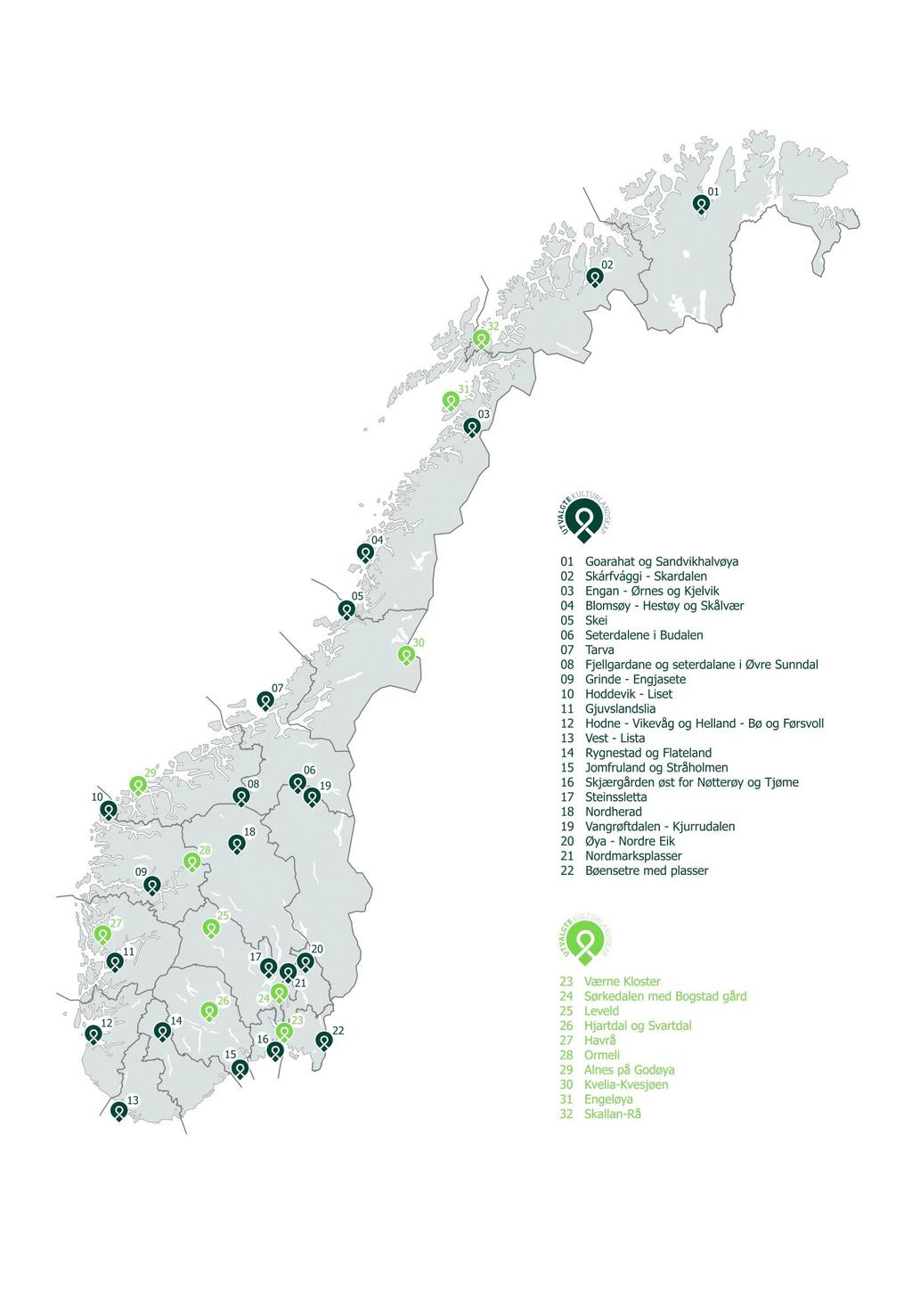 Kart over dagens utvalgte kulturlandskap i jordbruket (mørkegrønne)