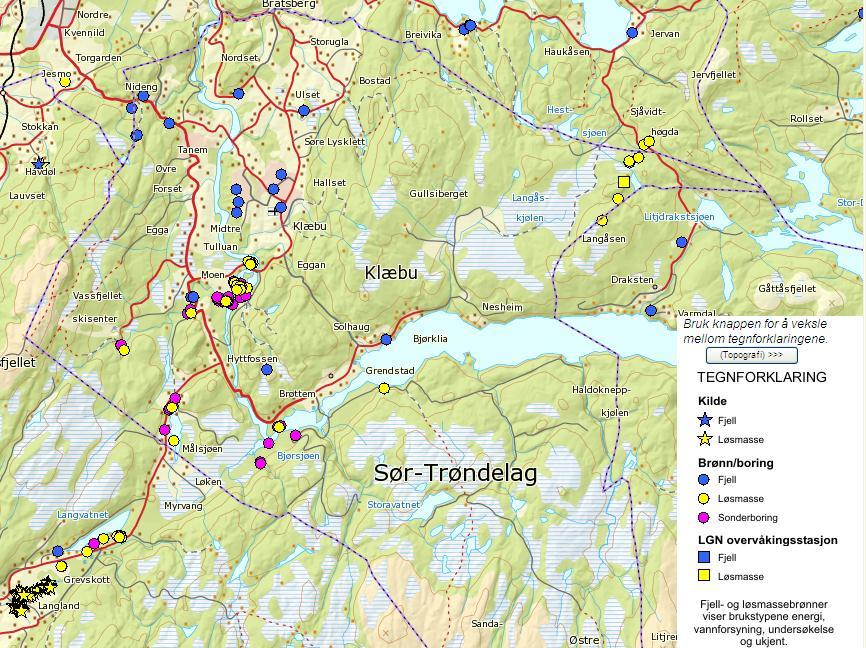 Energi og klimaplan Faktadel, Klæbu kommune 2009 Figur 26 viser grunnvannsressurser og registrerte brønnboringer i kommunen.