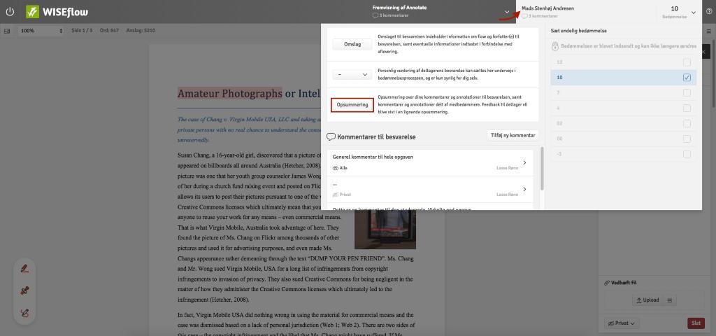Hvor finner jeg en oppsummering? I Annotate (sensureringsverktøyet) har du mulighet til å få en oppsummering av bemerkninger og kommentarer til en besvarelse.