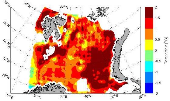 Figur 4.1.1. Temperaturavvik i kjernen av atlanterhavsvannet i forhold til langtidsmiddelet (1977-2006).