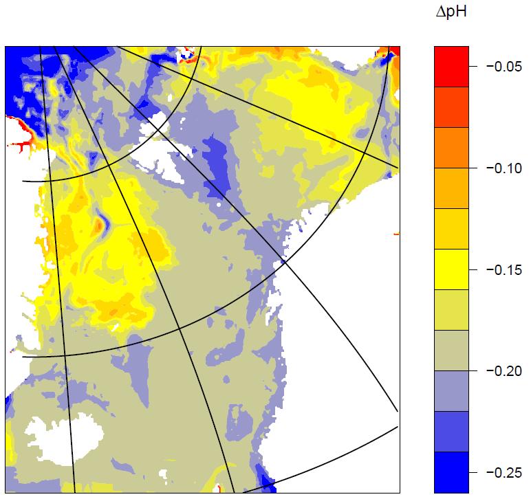 Figur 4.9.1 Forventet endring i ph fra år 2000 til 2065. I figuren ses forventet endring for hele det nordiske hav. Den midlere ph-verdien i overflaten forventes å gå ned 0,19 enheter.