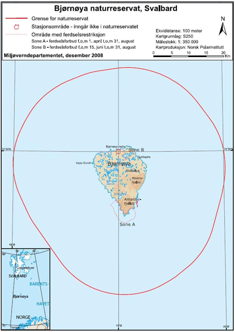 10.12 Bjørnøya naturreservat Lovdata (http://lovdata.no/dokument/sf/forskrift/2002-08-16-903) inneholder en definisjon av Bjørnøya Naturreservat, hvor også grensene er kartfestet (Figur 102).