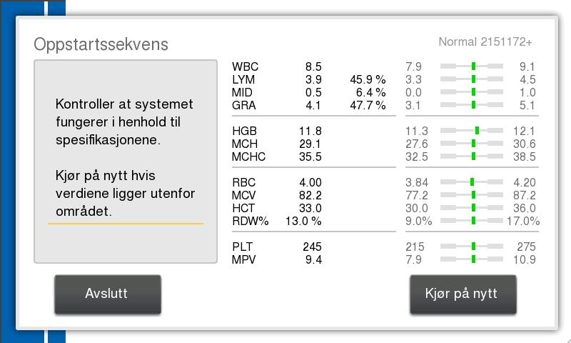 z Følg instruksjonene for håndtering av kontroller for å sikre at kontrollprøven holder romtemperatur og er riktig blandet, og trykk på startplaten. z Analysatoren vil nå analysere kontrollprøven.