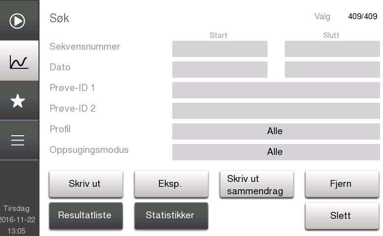 3. Bruk (prøveanalyse) Resultater 4 Søkefunksjon I søkemodus kan du søke etter prøver ved hjelp av spesifikke søkekriterier. z Velg feltet Søk nederst til venstre.