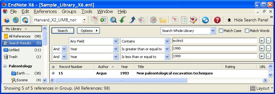 Du kan også få tilgang til søkeskjermen ved å velge Tools > Search Library. Søkeresultatet lagres i en egen Search Results gruppe.