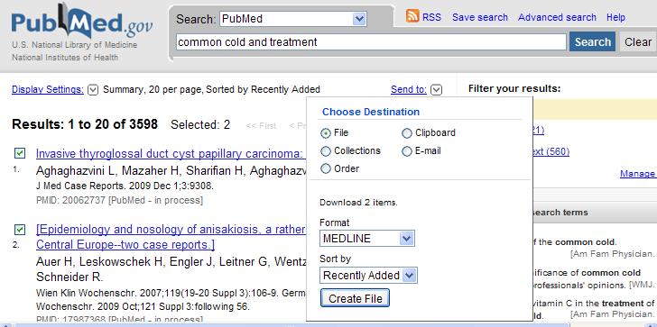 9.7.2 PubMed import av referanser via txt-fil a) Gjør et søk og hak av aktuelle referanser i trefflisten. b) I Send to menyen velges File og MEDLINE (som format), og deretter Create Fileknappen.