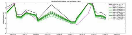 2 hvor det dypeste hullet er lagt på 55 m, blir det gjennomtregning til overflaten ved en anledning, ved profilen målt i februar 2013.