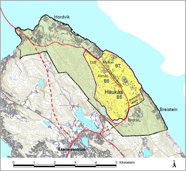 Område for mulighetsstudier på Haukås Bakgrunn Beskrivelse av området Området mellom Hordvik og Breistein er geografisk meget stort og langstrakt med nesten en mil sjølinje mot Sørfjorden i øst og