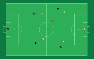 Sett opp en stor bane med mange forskjellige kjeglemål på kryss og tvers. Det scores ved å spille en pasning gjennom ett av kjeglemålene slik at en medspiller mottar den på motsatt side.