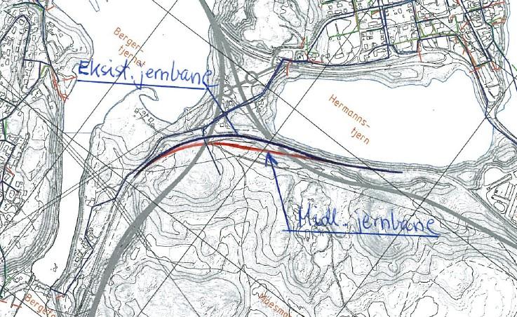 Figur 12. Behov for midl. omlegging av jernbanetraseen ved Hermannstjern i alt. 1-3. Figur 13: Behov for midl. omlegging av jernbanetraseen ved Hermannstjern i alt. 4-6.