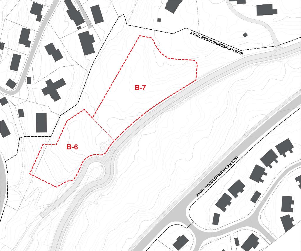 Fig 2: Illustrasjon som viser område B-6 og B-7 i plan 270R planområdet 1.4 Eiendoms- og eierforhold Planområdet ligger hovedsaklig innenfor Gnr/Bnr 8560/3 som eies av Kongsberg Tomteselskap. 1.5 Området i dag 1.