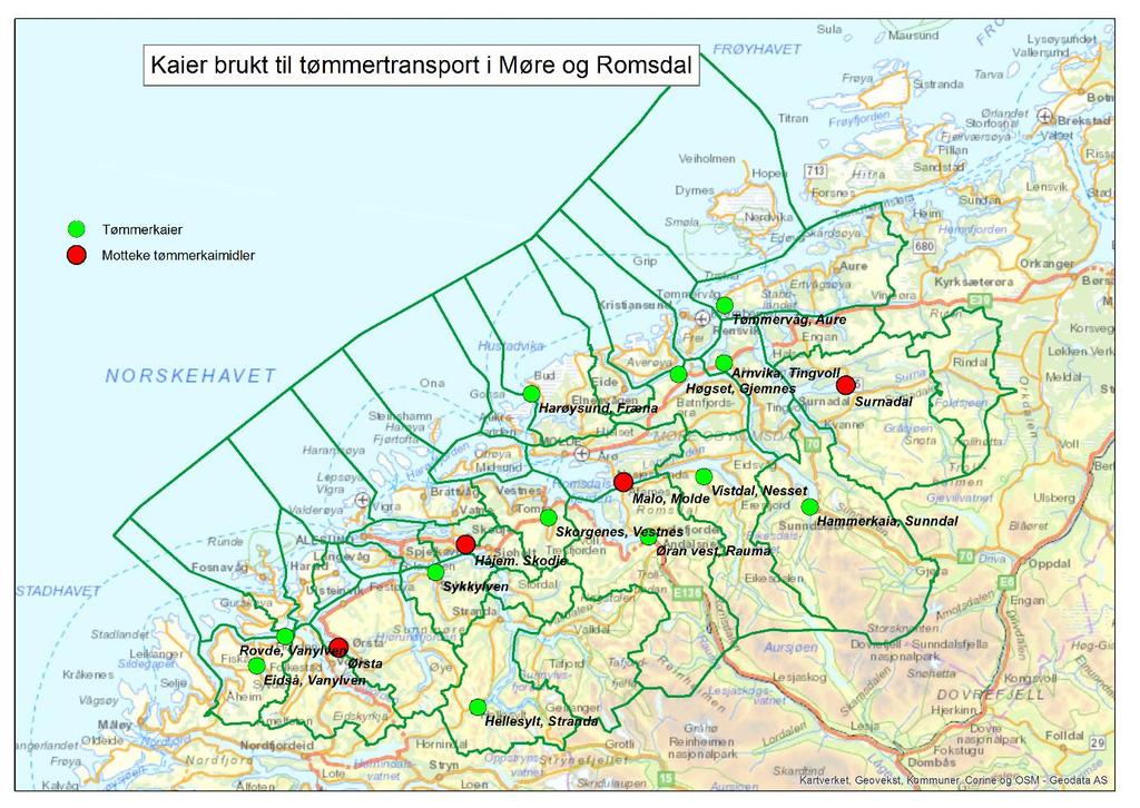 Kaier brukt til tømmertransport Kartet viser at det er fire kaier som har fått statleg støtte (tømmerkaimidlar) for utbygging/ ombygging til tømmertransport her i fylket.