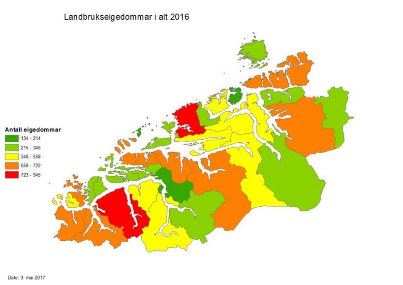Figur 4 Landbrukseigedomar totalt - 2016 I Møre og Romsdal er det 15716 landbrukseigedomar, men berre ein liten del av desse er i drift som sjølvstendige einingar.