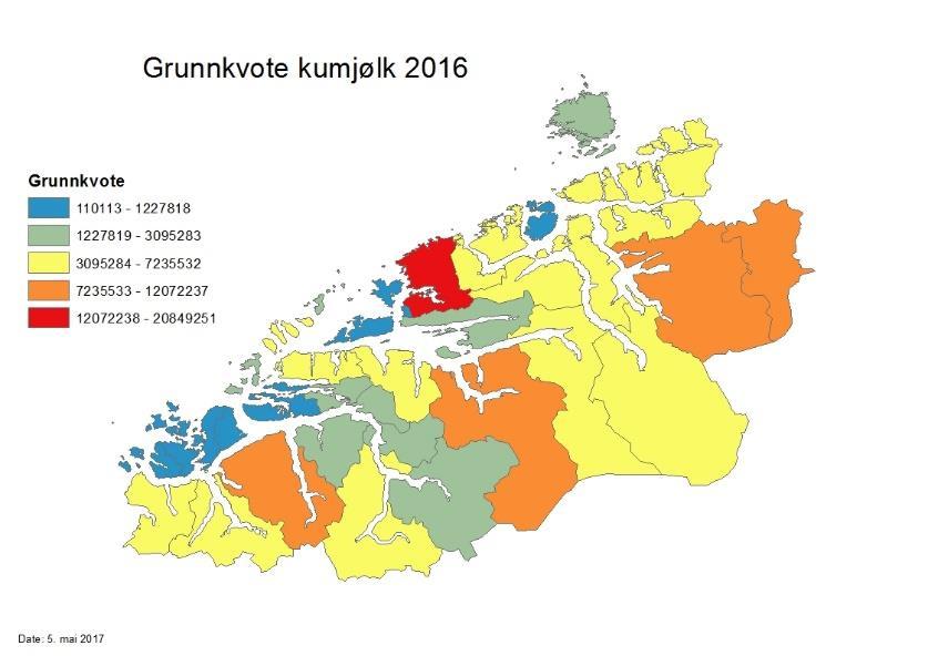 Kjelde: Landbruksdirektoratet Figur 5 Grunnkvote kumjølk - fordelt på kommunane I 2016 var det 1213 føretak som hadde grunnkvote for kumjølk i Møre og Romsdal.