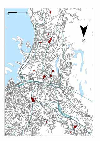 Akerli Figur 1. Lokalitetene av alle bygninger som ble prøvetatt. Keyserløkka Manglerud Munkelia 4.