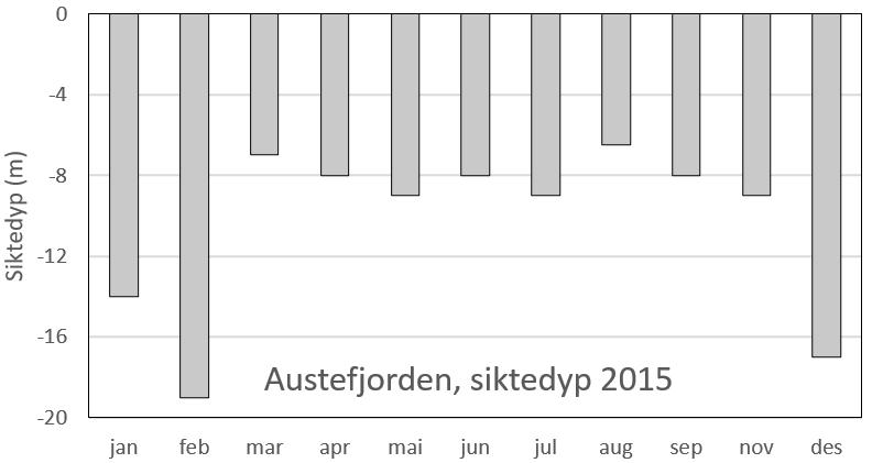 «Månedlig» gjennomsnittlig vannkvalitet fra prøver tatt på 0m, 5m 10m og 15m dyp i 2015.