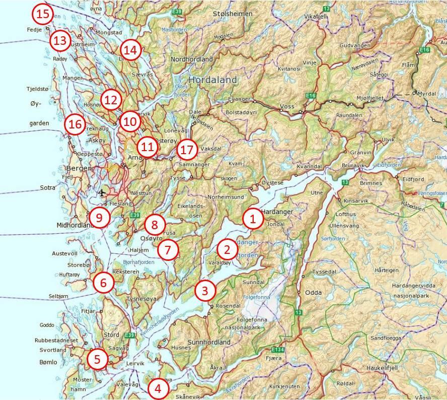 Figur 1. Kart over de 17 faste stasjoner som undersøkes tilnærmet månedlig for vannkvalitet. For posisjon vises til tabell 2.