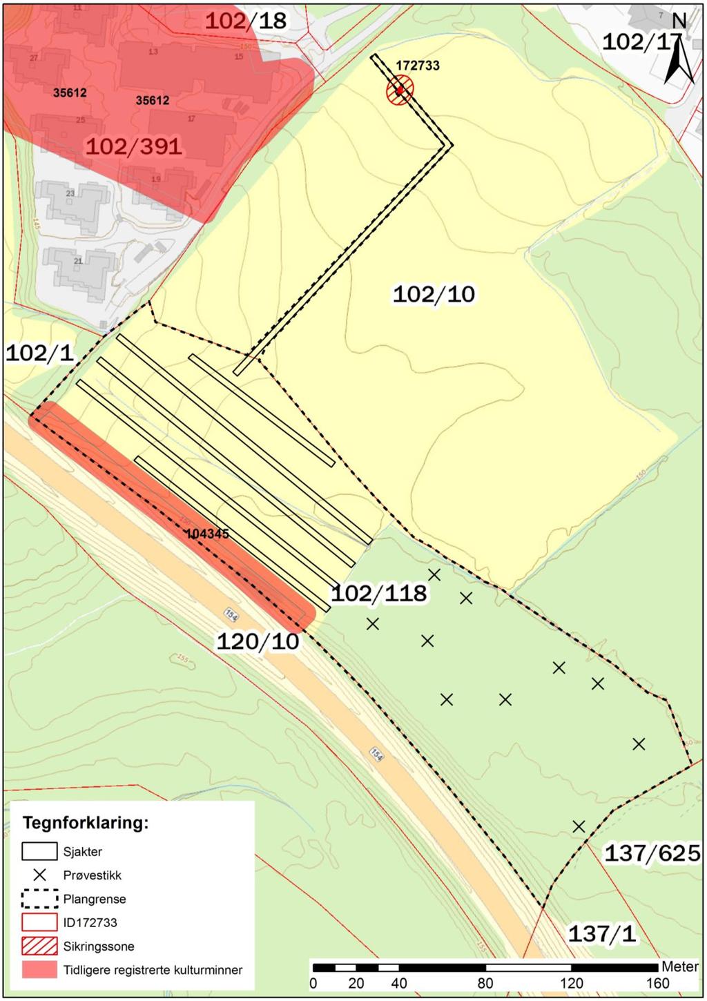 Undersøkelsen Kart 3: Kart over sjakter, markert med