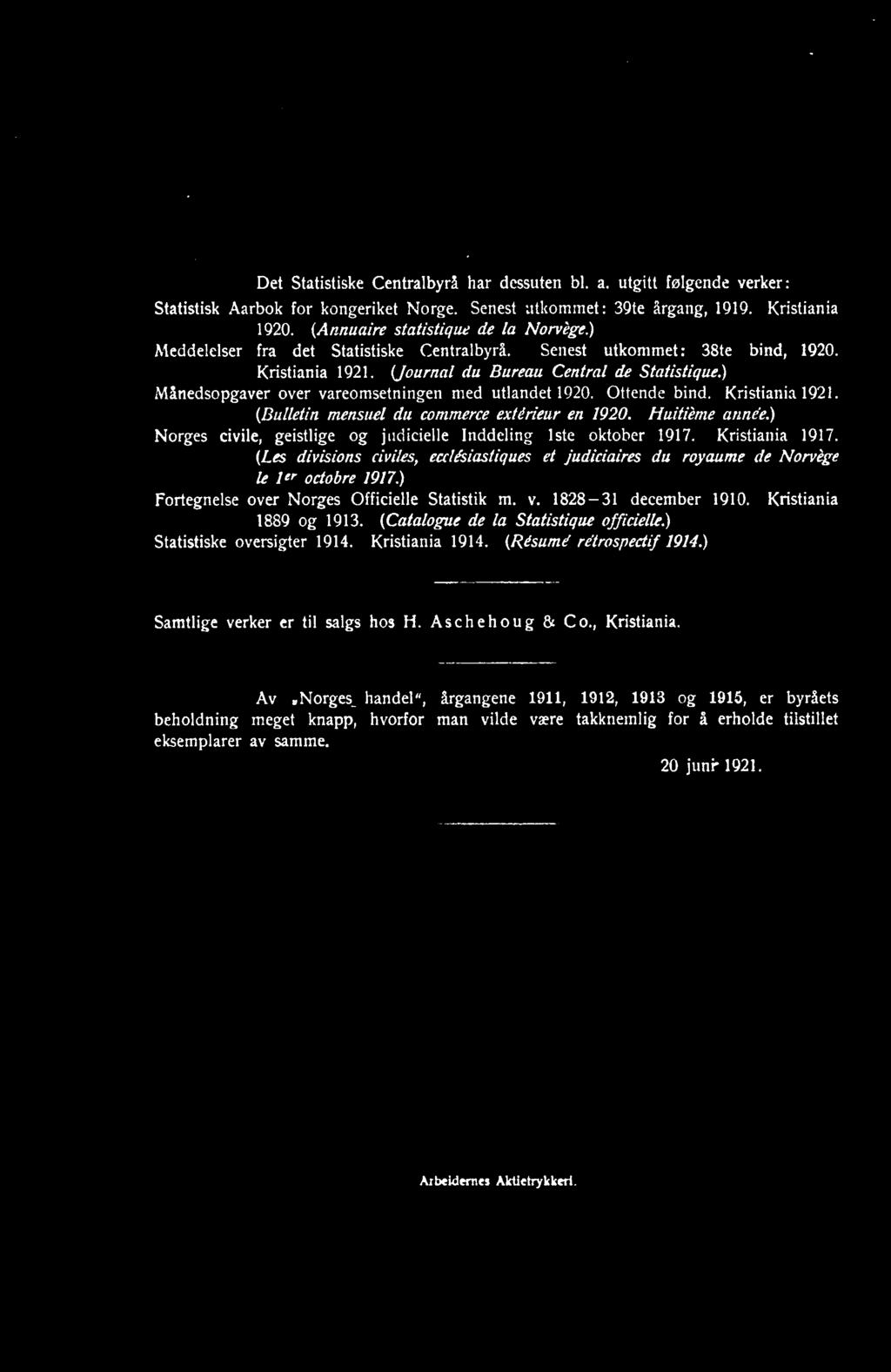 ) Fortegnelse over Norges Officielle Statistik m. v. 1828-31 december 1910. Kristiania 1889 og 1913. (Catalogue de la Statistique officielle.) Statistiske oversigter 1914. Kristiania 1914.