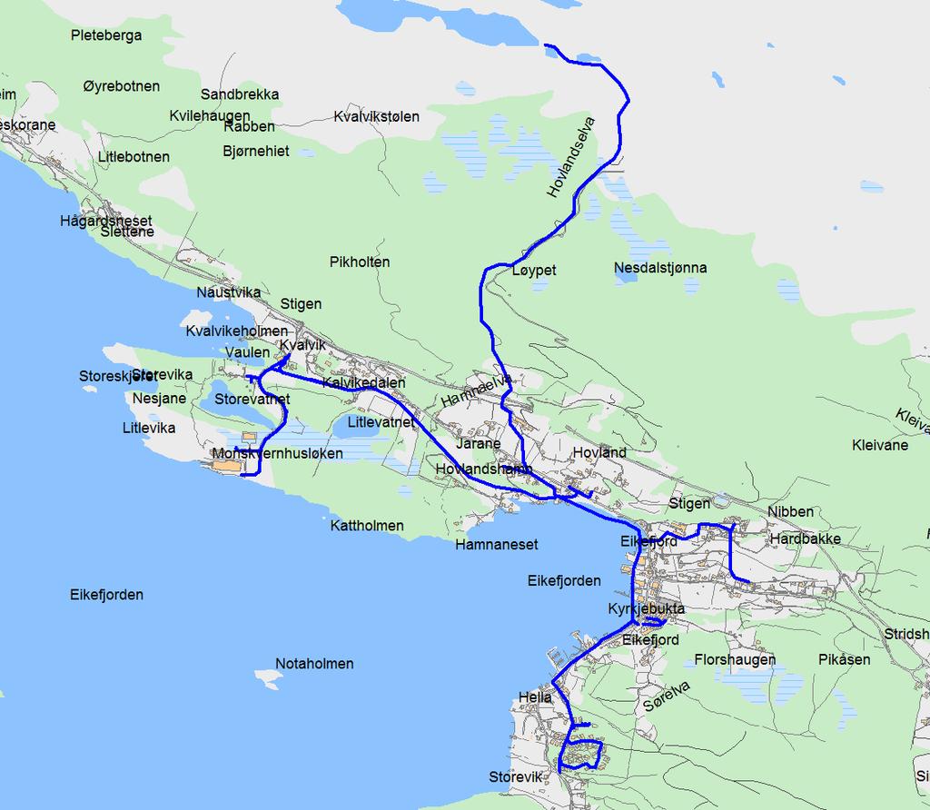 Hovudplan for vassforsyning og avløp 19 Figur 6. Eksisterande leidningsnett for Eikefjord vassverk i Eikefjorden.