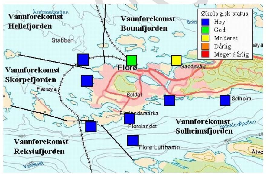 Hovudplan for vassforsyning og avløp 49 I figur 1 under vises den økologiske statusen i dei undersøkte punktane, markert ved hjelp av fargekodar.