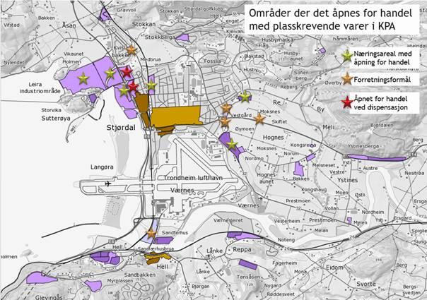 Områder med åpning for handel med plasskrevende varer er konsentrert rundt sentrum, med unntak av Sandfærhus.