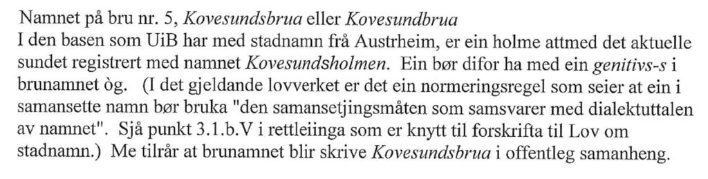 Det vil ikkje bryta med noko regel å kalla brua for Bukkholmestraumbrua i stadenfor Bukkholmebrua. Einaste argumentet mot å kalla straumen oppatt, er at det vert eit langt og noko tungvindt namn.