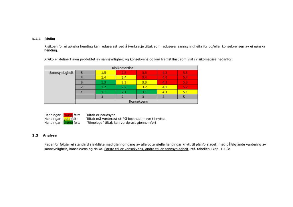1.2.3 Risiko Risikoen for ei uønska hending kan reduserast ved å iverksetje tiltak som reduserer sannsynligheita for og/eller konsekvensen av ei uønska hending.