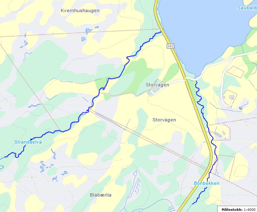 4.4 Vassdrag langs fylkesvei 342 4.4.1 Strandaelva og Bonbekken Figur 109. Strandaelva og Bonbekken i Storvågen. (Kart hentet fra http://vann-nett.nve.