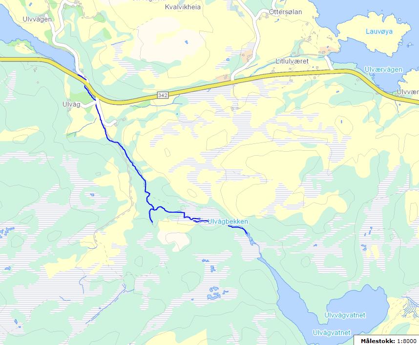 4.4.4 Ulvågbekken Figur 118. Ulvågbekken. (Kart hentet fra http://vann-nett.nve.no) Ulvågbekken kommer hovedsakelig fra Ulvågvatnet og myrområder rundt dette vatnet.