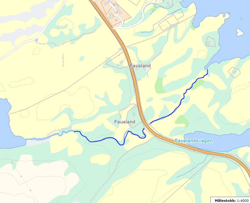 4.2.4 Fauslandsbekken Figur 81. Fauslandsbekken fra Fauslandsvatnet. (Kart hentet fra http://vann-nett.nve.