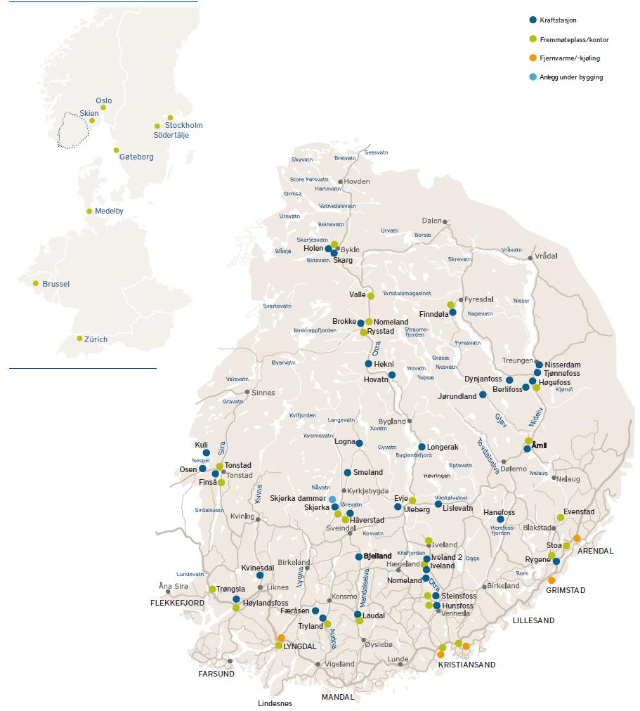 Agder Energi drifter 49 hel- og deleide kraftstasjoner i Aust- og Vest-Agder, samt i sørvestre Telemark.