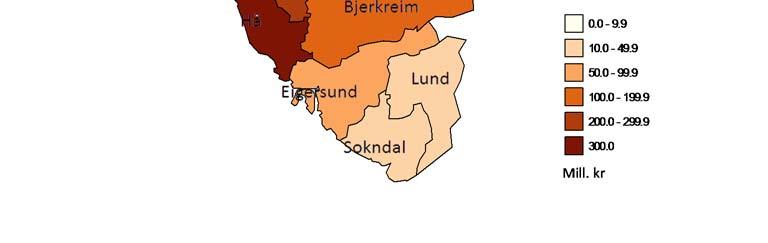 Av den totale verdiskapinga frå jordbruket i Rogaland, kjem 59 % frå kommunane på Jæren, 18 % frå Ryfylke, 13 % frå Haugalandet og 10 % frå Dalane.