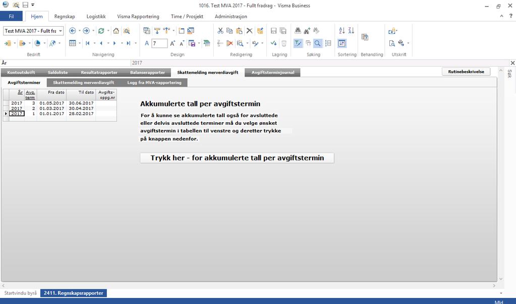 Nye skjermbilder for akkumulert MVA oversikt per termin De nye skjermbildene for MVA melding 2017 med underliggende detalj-vindu er bygget slik at de nullstiller alle felt og visninger straks