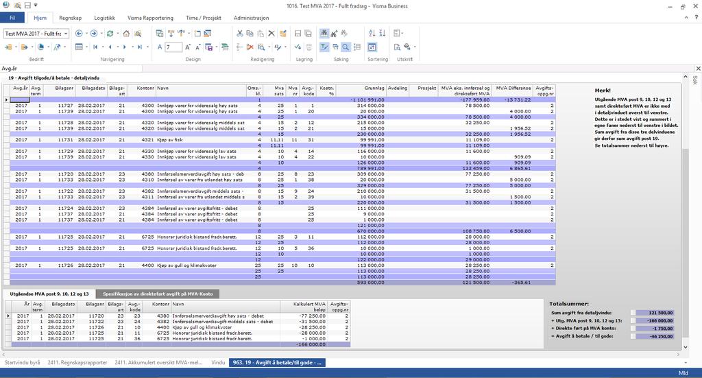 I eksempelet nedenfor viser vi den akkumulerte spesifikasjonen av post 19. Akkumulert MVA oversikt per termin 2016 og tidligere I versjon 11.