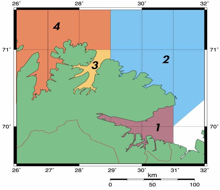 2 OMRÅDEINNDELING Registreringene av bifangst fra de enkelte fiskerne er fordelt på forskjellige geografiske områder som vist på figur 1.