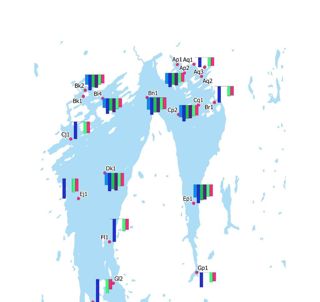 Figur 30. Gjennomsnittlig siktedyp (m) for sommerperioden (juni-august) i 2011-2016.