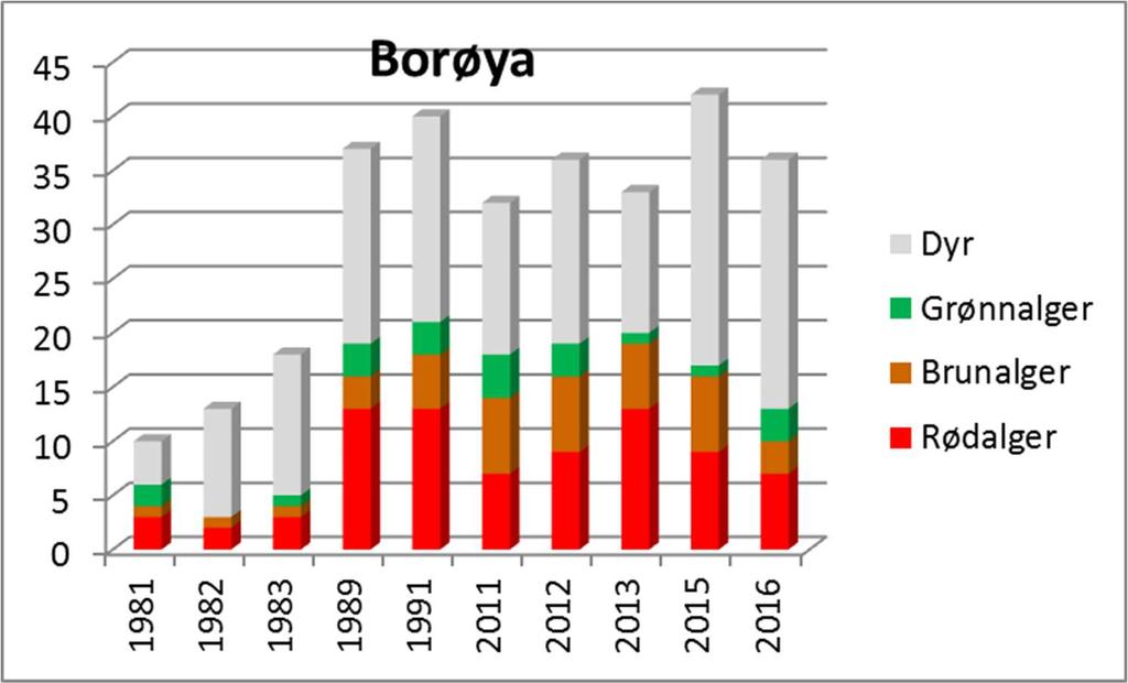 5.3.2.2 Stasjon 2 - Borøya Ved Borøya var mengder av både brun- og rødalgearter noe lavere i 2016 enn siste to undersøkelser (Figur 48).