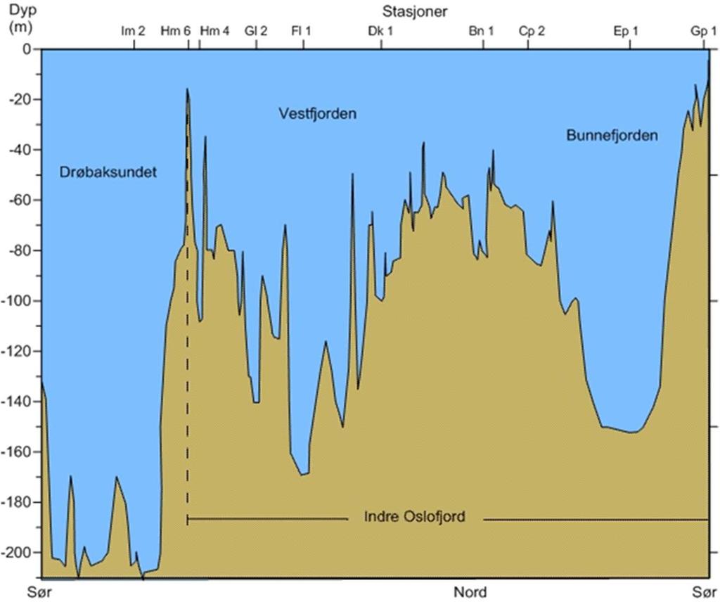 Hydrografi og hydrokjemi Bakgrunn Indre Oslofjord er en innelukket fjord på 190 km 2 med flere terskel-adskilte bassenger.