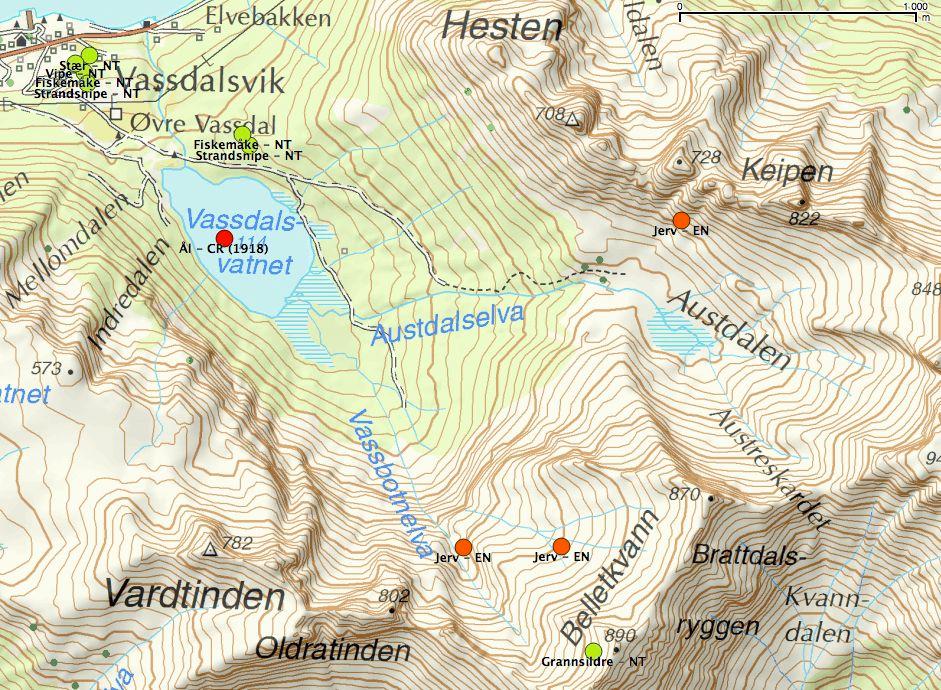 Figur 8. Oppsummering av det som er registrert av verdifulle naturtyper og rødlistede arter i traktene rundt influensområdet.