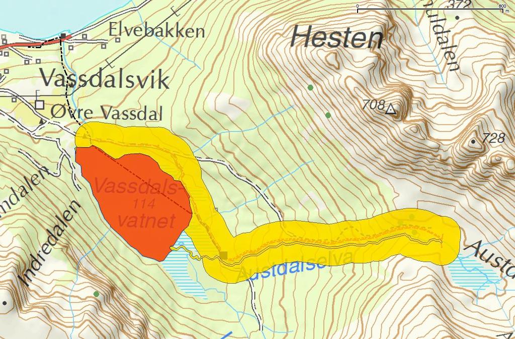 Figur 12. Verdikart for influensområdet. Vassdalsvatnet har middels verdi (rød) for fisk, Austdalselva har liten til middels verdi for fisk (gul), og influensområdet ellers har også liten verdi (gul).