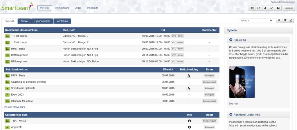 Her listes Kommende klasseromskurs, sist påmeldte kurs, populære kurs, obligatoriske kurs og eventuelt utløpte kurs.