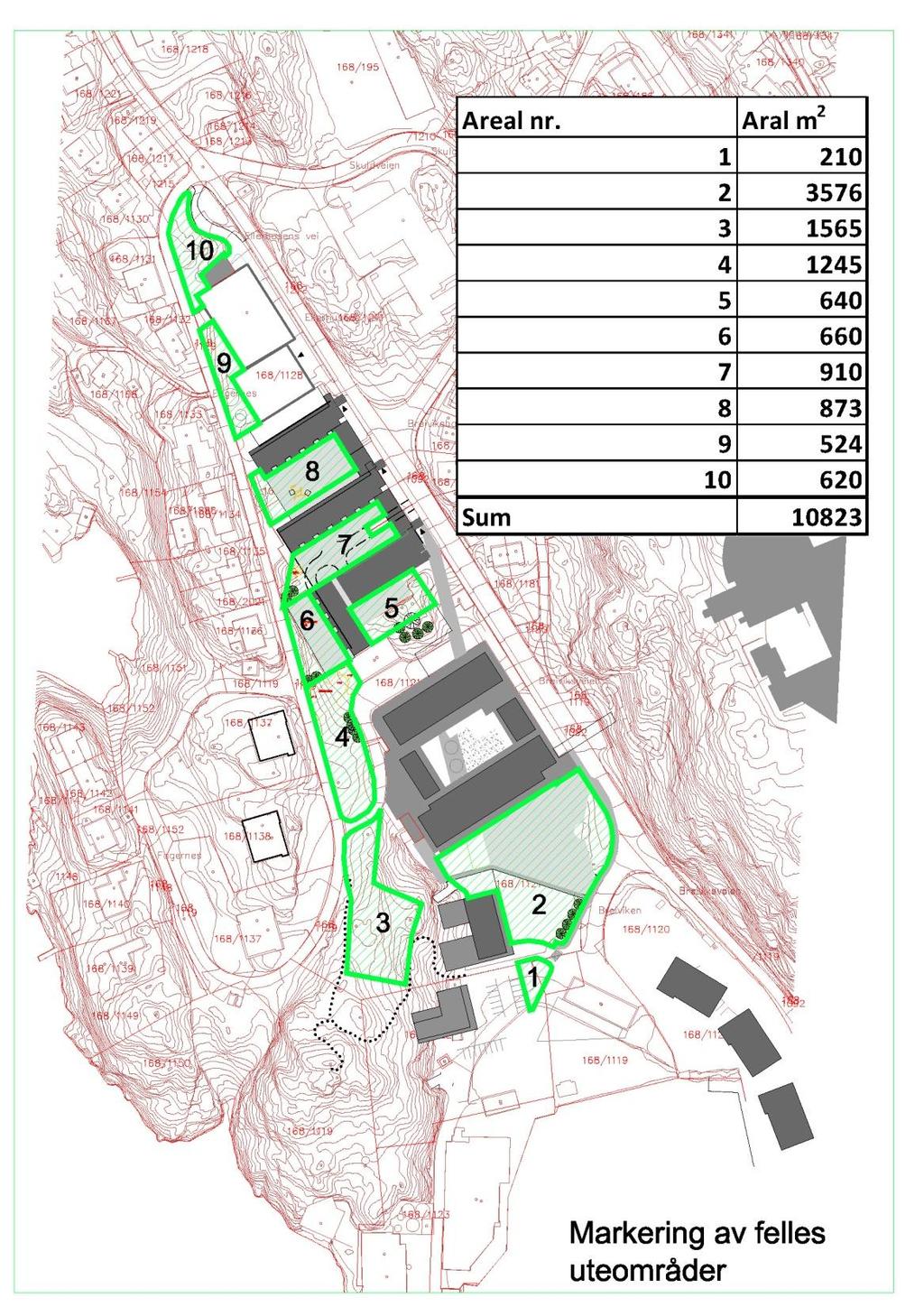 Felles Uteoppholdsarealer Totalt i følge plankartet= 10823/291 = 37 m2 pr.