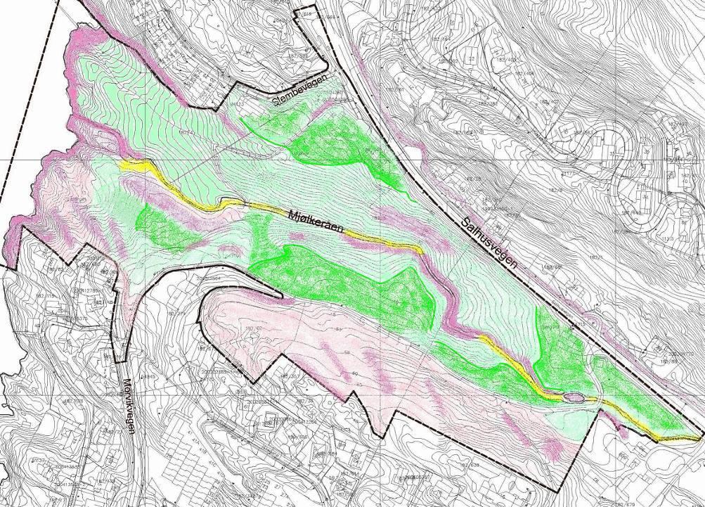 6 / 33 Figur 6 Kart over det berørte område Mørkegrønn skravur viser områdene med mest løsmasser Tegnforklaring: lyserosa antatt fjell under tynt lag med vegetasjon og løsmasser, observert fjell -