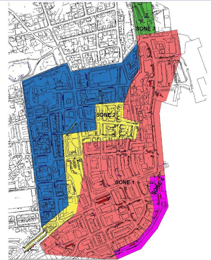 2 FIGUR 1 Oversikt over området som omfattes av : Sone 1 : Sone 2 : Sone 3 : Sone 4 : Boligsone med avgiftsfri parkering 1.