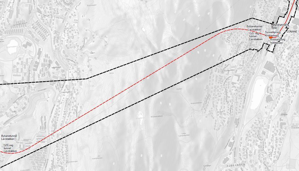 Figur 2: Planområde for delstrekning 3 - Mindemyren sør og østre del av Løvstakktunnelen I tråd med retningslinjer til kommuneplanens arealdel skal VA-rammeplan inngå i alle reguleringsplaner.