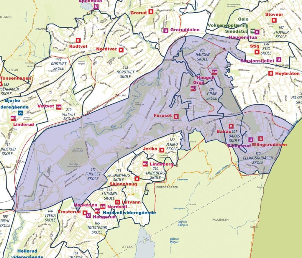 OMRÅDE 12 GRORUDDALEN ØST Området ligger i Groruddalen med Furuset som et geografisk tyngdepunkt. Det er forbindelser over til skolene på Ellingsrudåsen slik at dette også er medtatt.